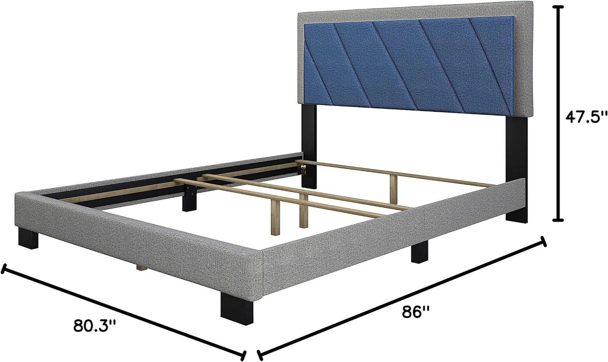 Blue/Gray King Upholstered Platform Bed with Headboard A30918