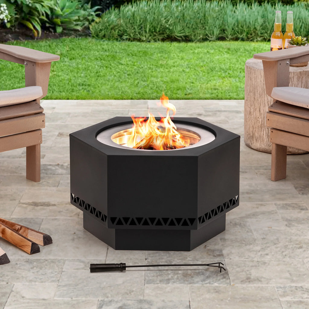 Black Hexagonal Smokeless Fire Pit with PVC Cover and Fire Poker I920684