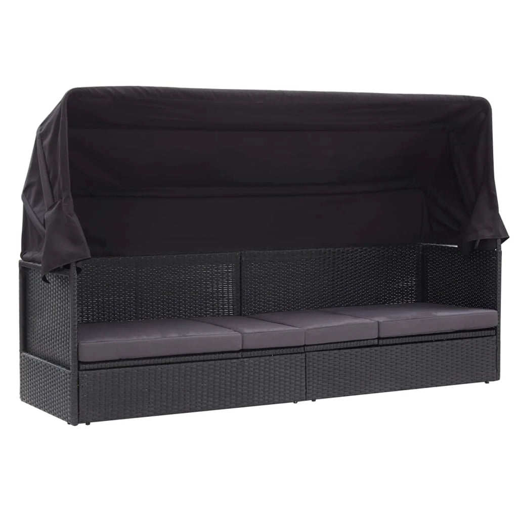 Black Poly Rattan Sun Lounger with Canopy and Cushion N81493