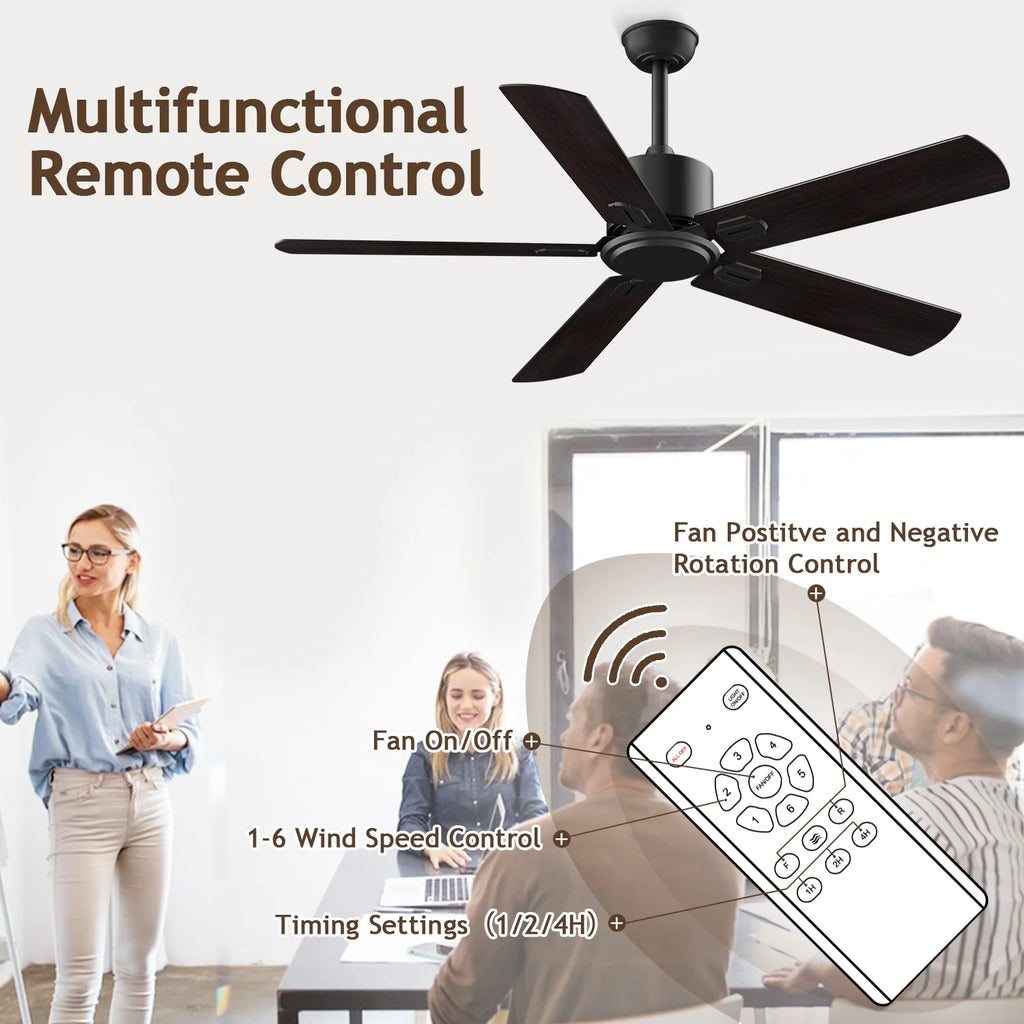 52" Ceiling Fan with Remote Control No Light, 6 Speeds Reversible DC Motor 5 Blades Black/Walnut C2687