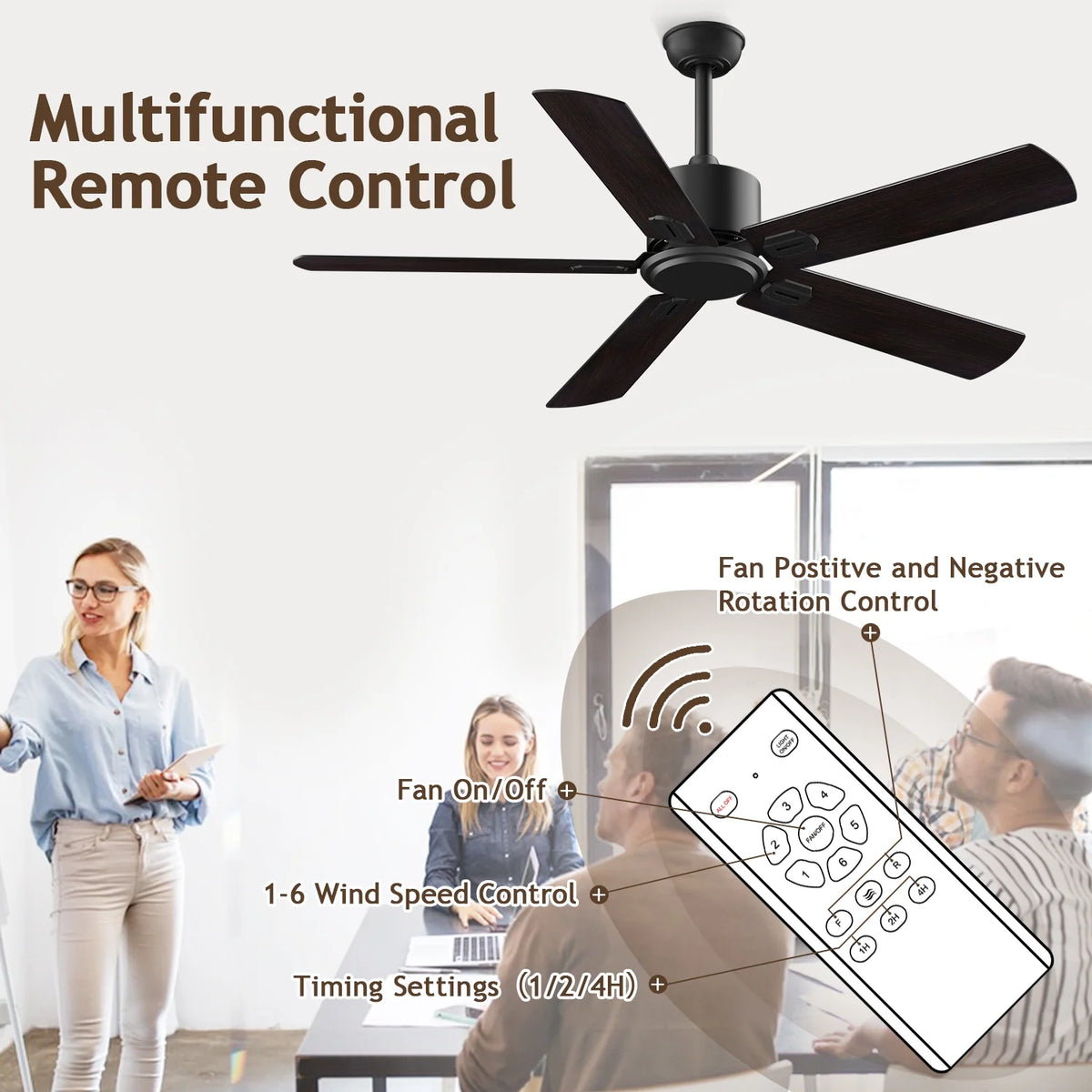 52" Ceiling Fan with Remote Control No Light, 6 Speeds Reversible DC Motor 5 Blades Black/Walnut C2687
