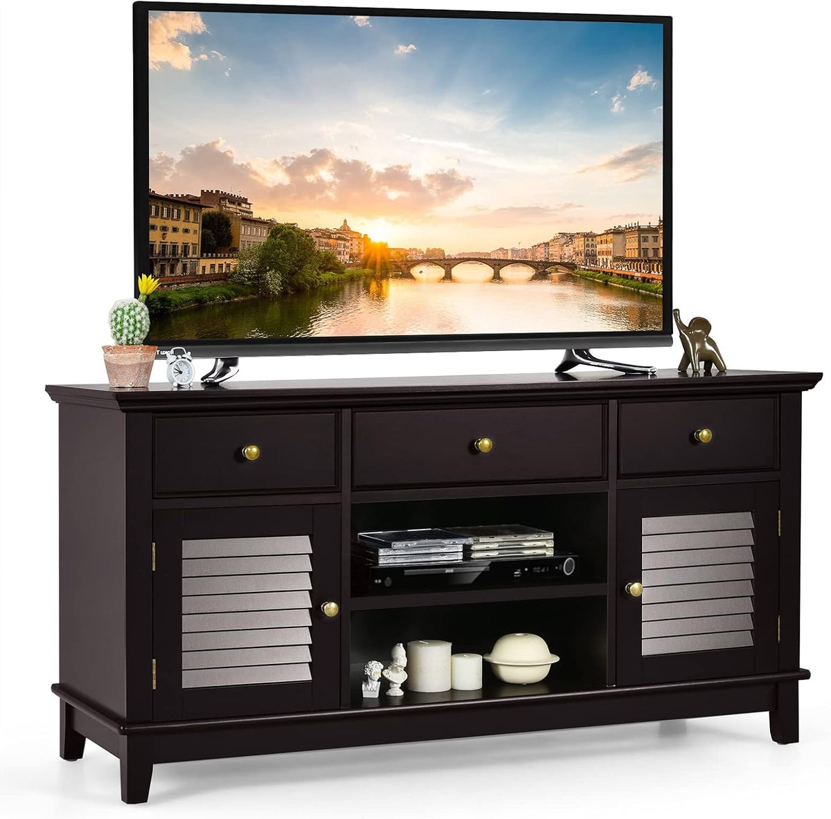 Wood TV Stand with 3 Drawers & 2 Shutter Door Cabinets (Brown) G279744