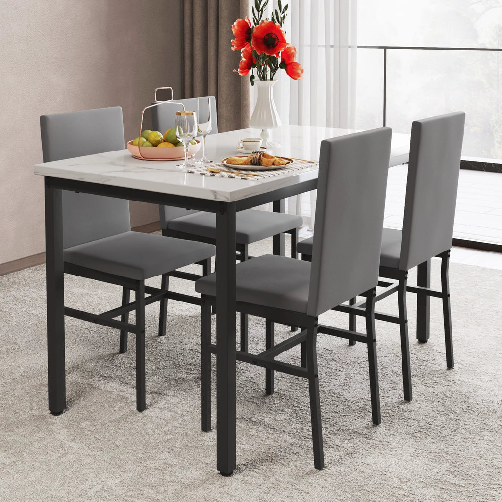 5-Piece White Marble Top Dining Table and 4 Gray Velvet Chairs A2125