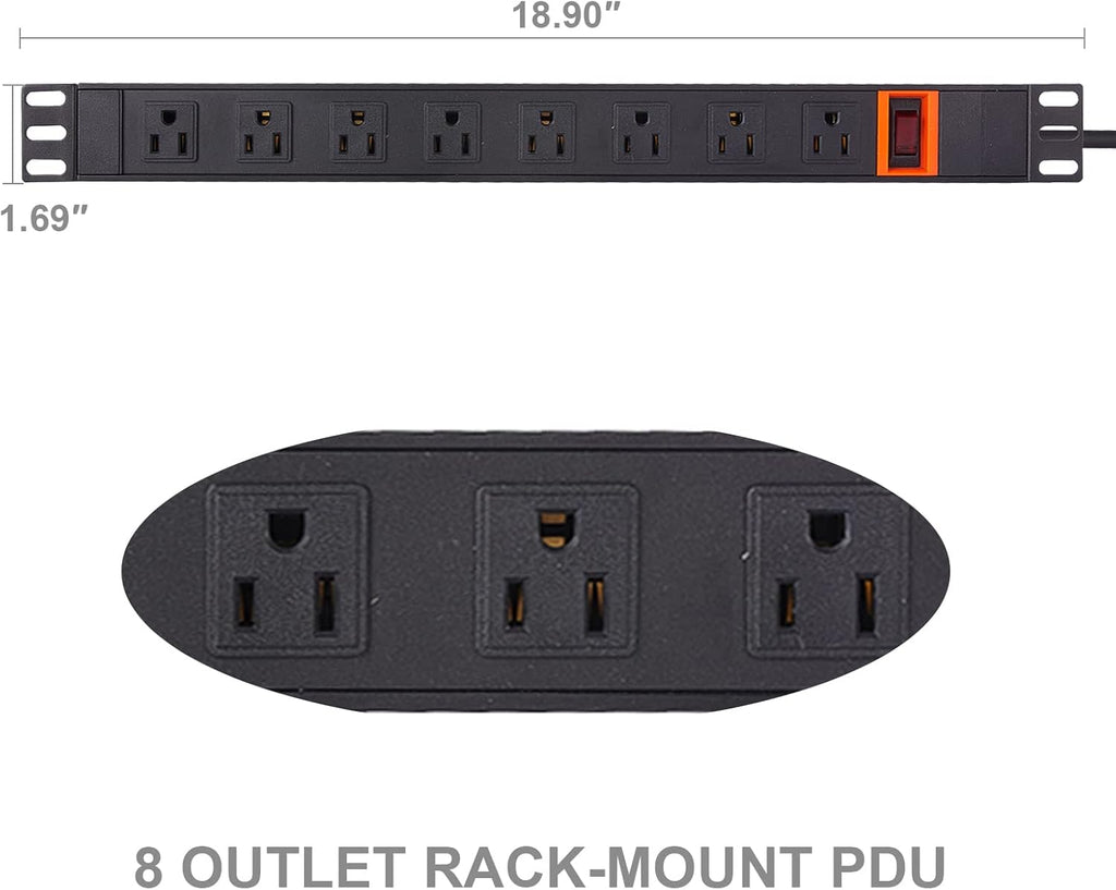 Black 1U Rack Mount PDU, 8 Outlets, 15A/125V, 6ft Cord, Pack of 2 U5769