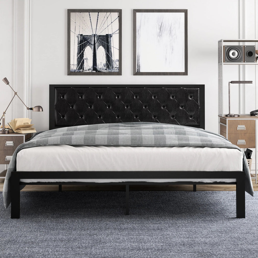 Twin Size Metal Bed Frame with Upholstered Headboard F589
