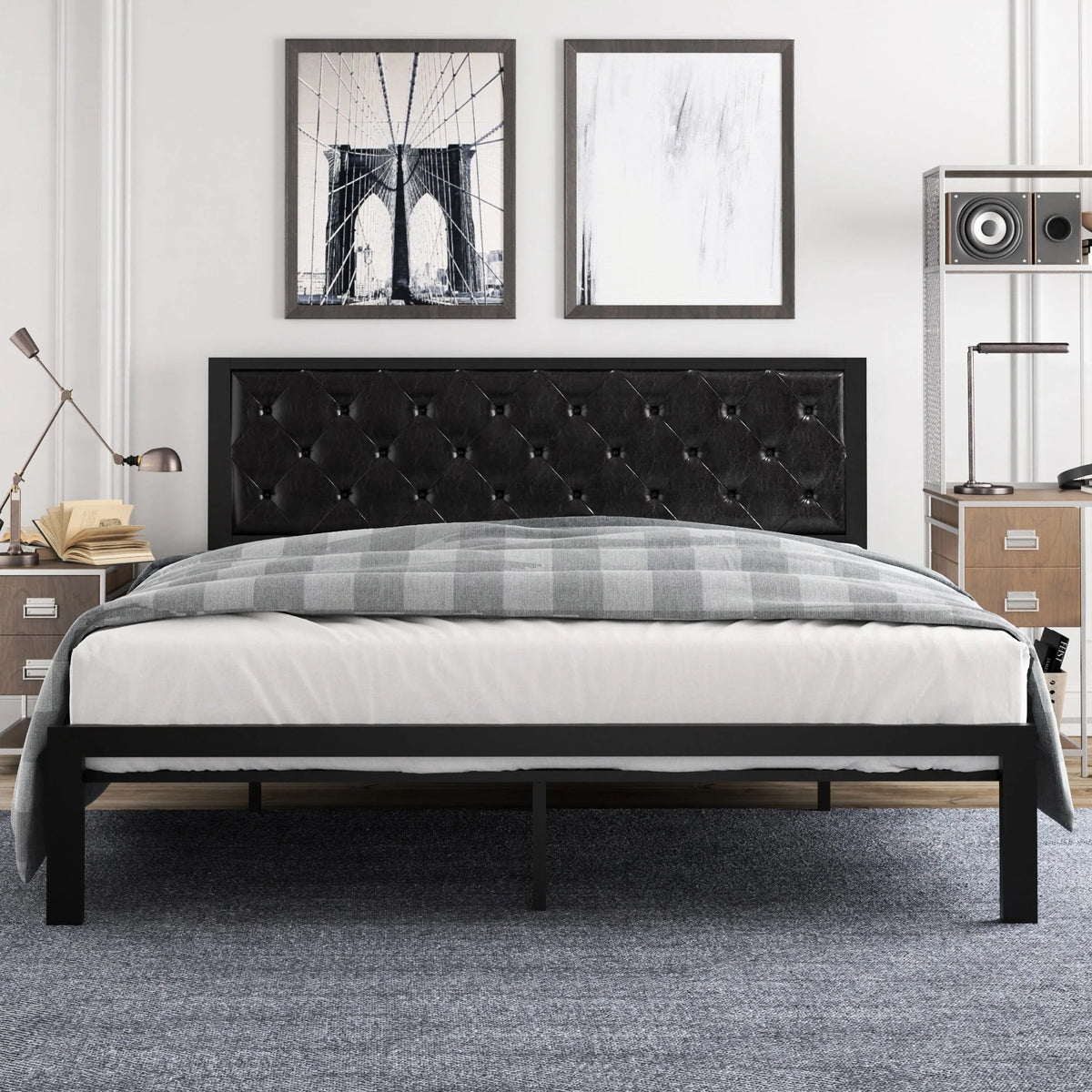 Twin Size Metal Bed Frame with Upholstered Headboard F589