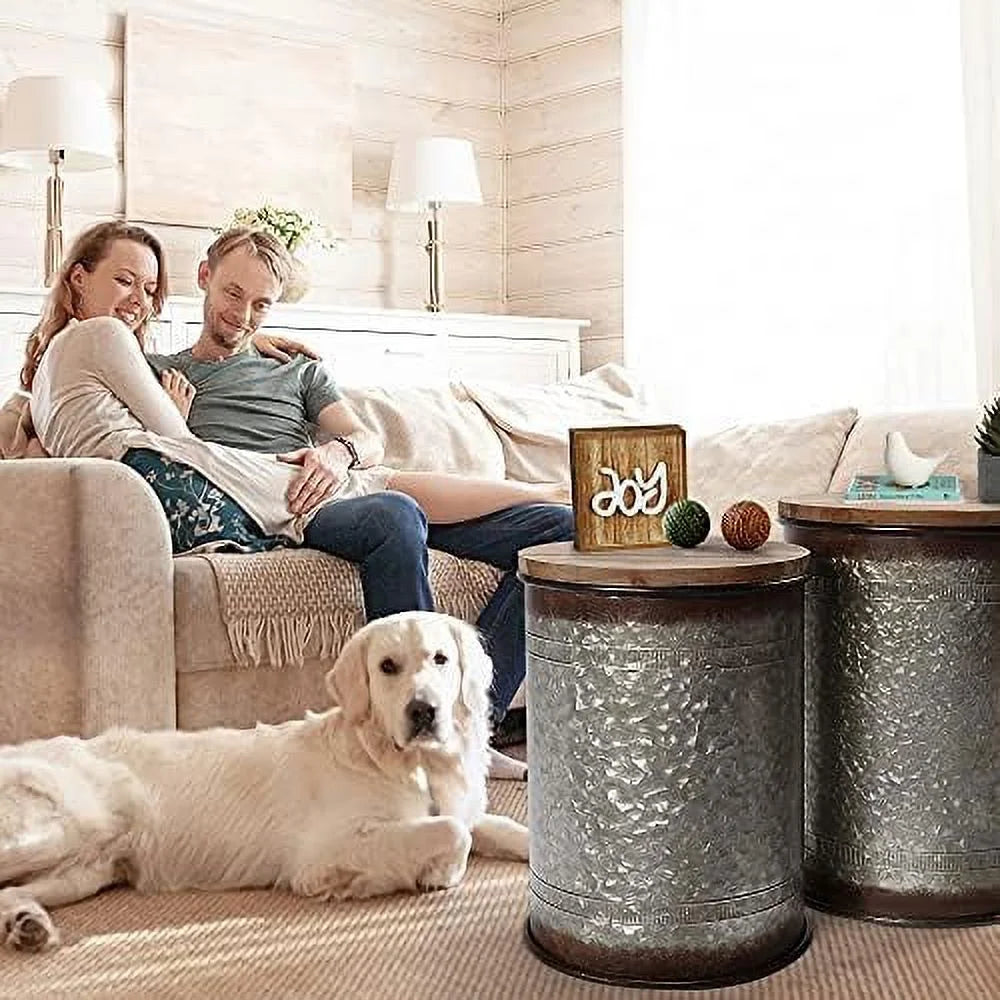 Farmhouse Accent Side Table Ottoman Seat Stool Metal End Table Box Bin with Round Wood Lid G84806
