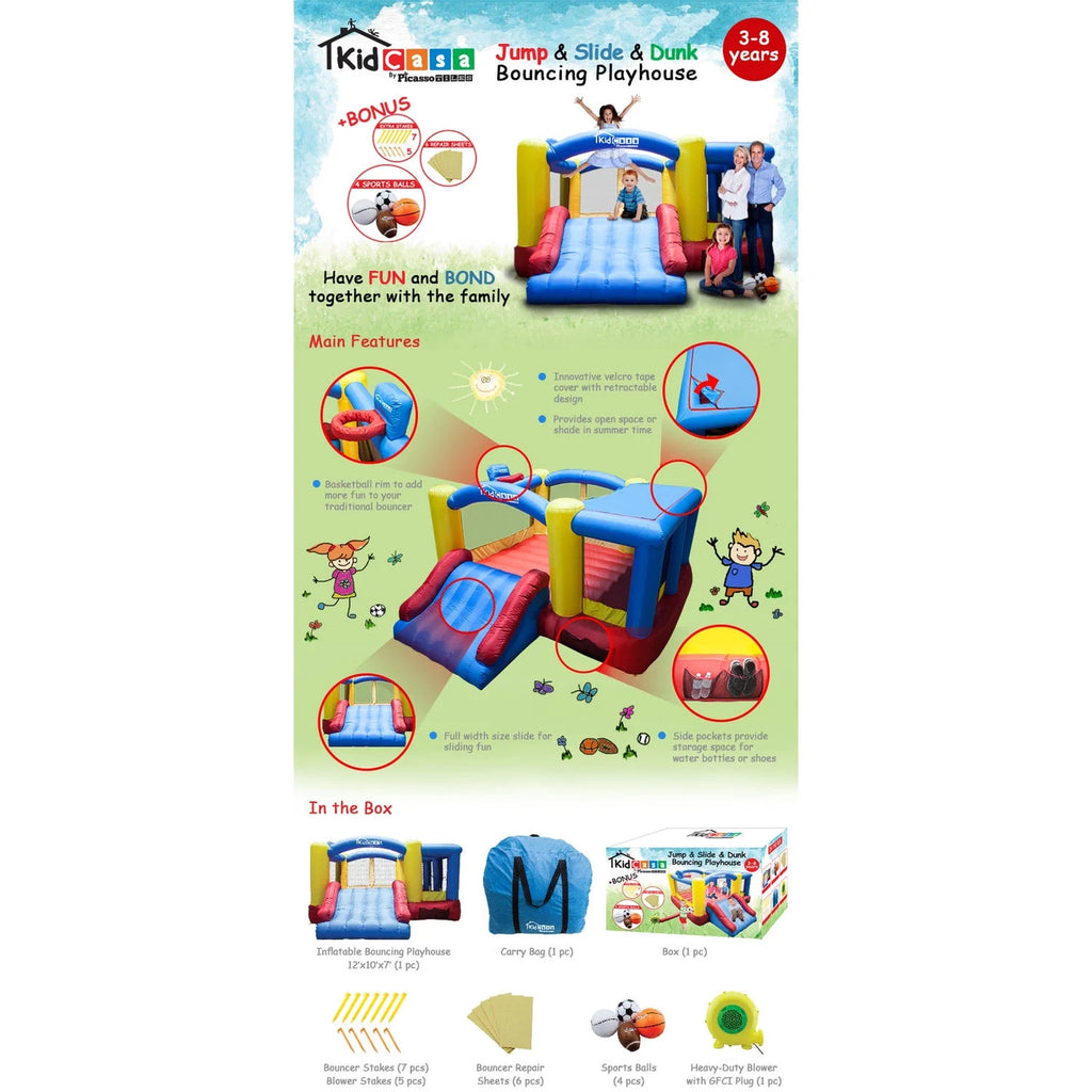 12' x 10' Inflatable Bouncer Jumping House with Basketball Rim and Slide S3303