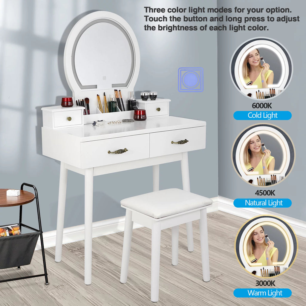 White Vanity Table Set with Lighted Mirror and 4 Drawers R289896