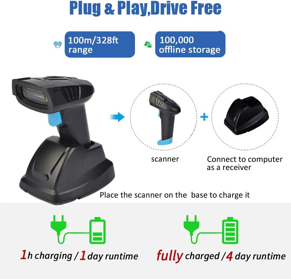 Cordless Barcode Scanner 2D QR Code Bar Code Reader with USB Cradle Pack of 2 K5042