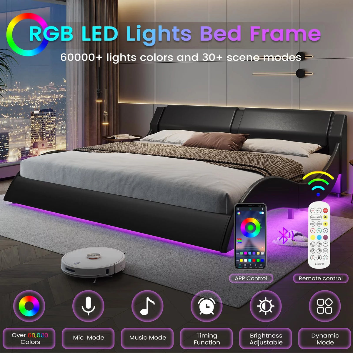 King Size Faux Leather Platform Bed Frame with Headboard and LED Lights M70667