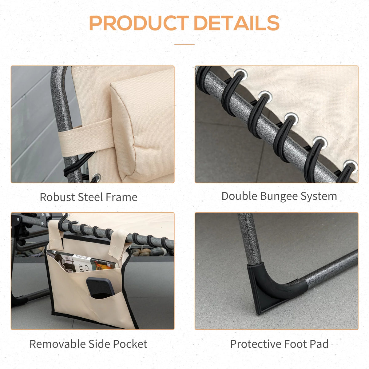 Beige Folding Padded Chaise Lounge Chair with 5-Position Adjustable Backrest Z471