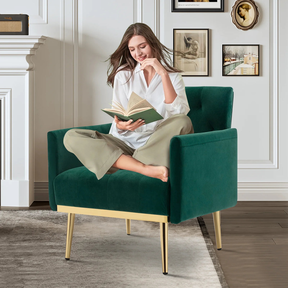 Green Velvet Upholstered Accent Chair with Metal Legs Y689158
