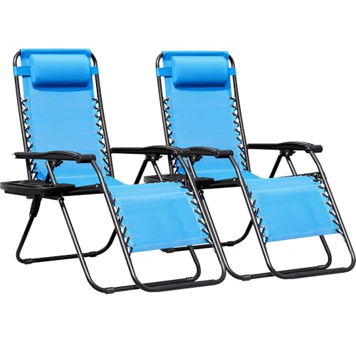 Zero Gravity Chairs Set of 2 Adjustable Steel Mesh Recliners with Cup Holder Tray and Pillow C8975