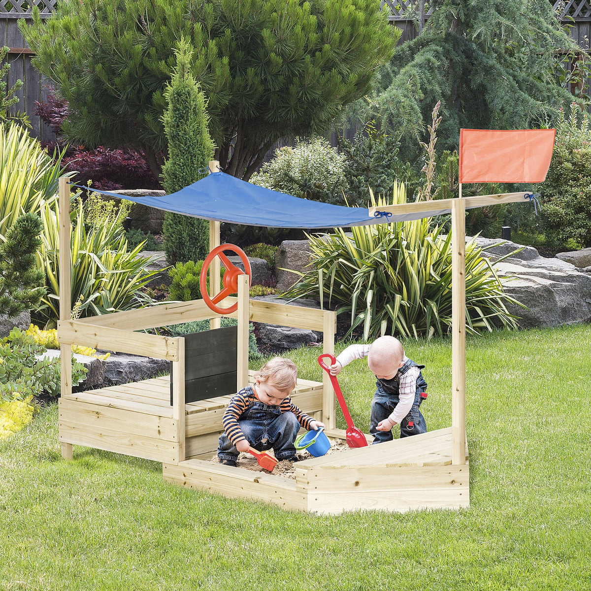 Natural Wood Kids Sandbox with Canopy Shade A379