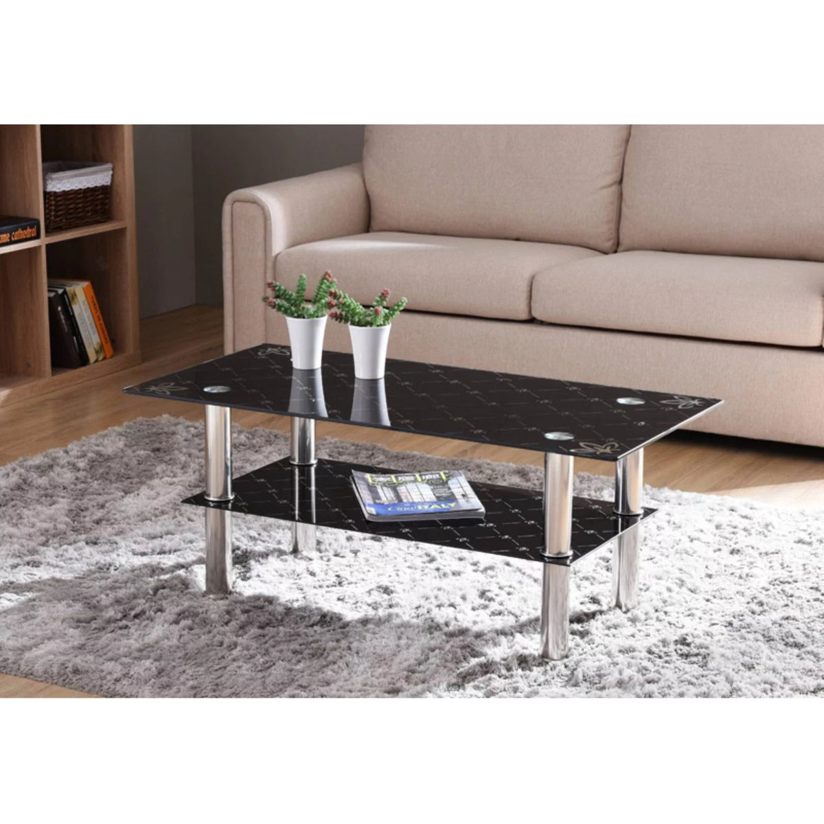 Black Tempered Glass Coffee Table with Stainless Steel Legs G945