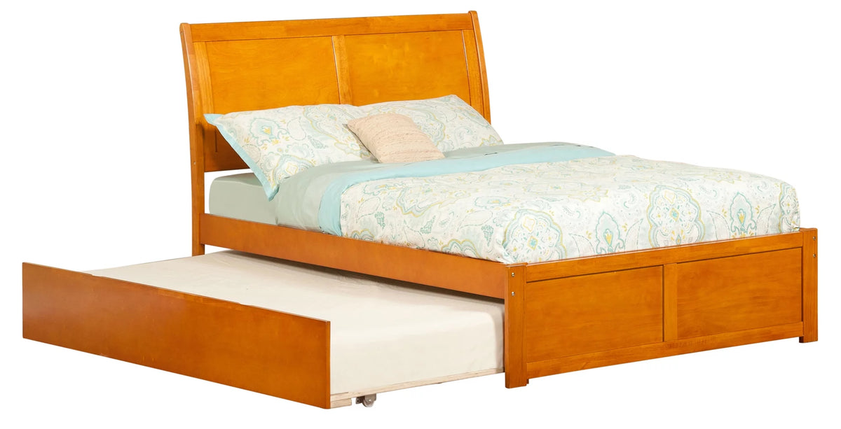 Caramel Wood Sleigh Platform Bed with Footboard and Twin Trundle V30553