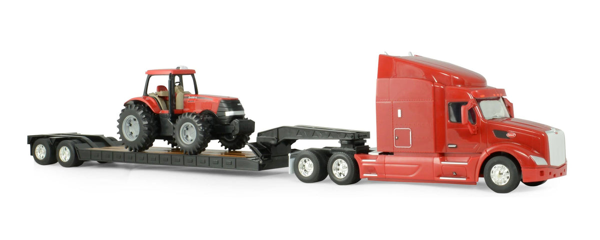 Big Farm Peterbilt Model 579 Semi with Lowboy and Case IH MX305 Tractor Backhoe Loader F4594