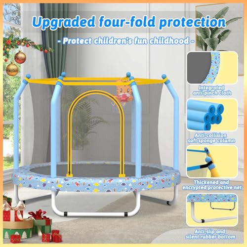 55" Kids Trampoline with Basketball Hoop and Safety Enclosure W746