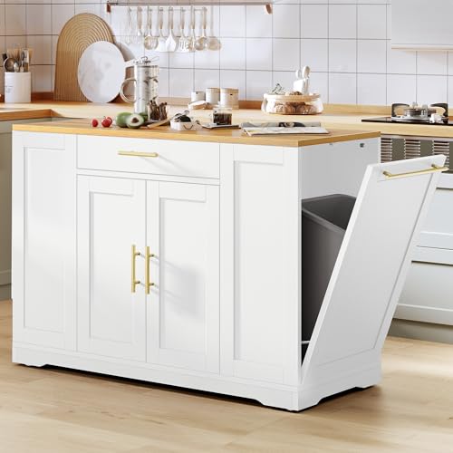 White Oak Rolling Kitchen Island with Trash Can Storage G26977