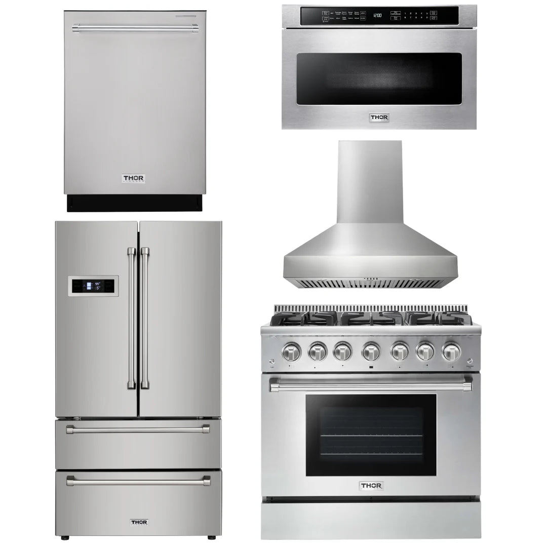 36 Propane Gas Range, Range Hood, Microwave, Refrigerator, Dishwasher R875