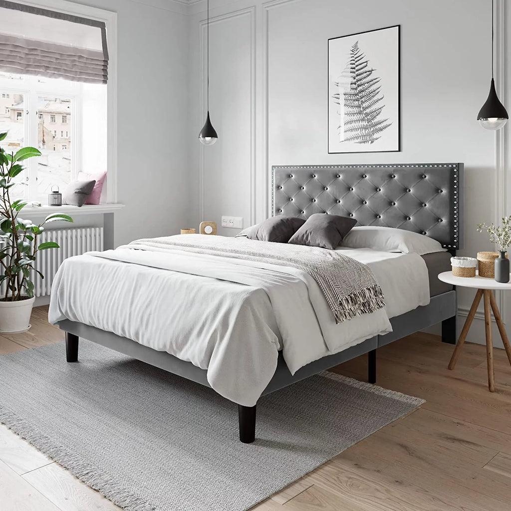 Queen Size Light Grey Velvet Upholstered Platform Bed M628349