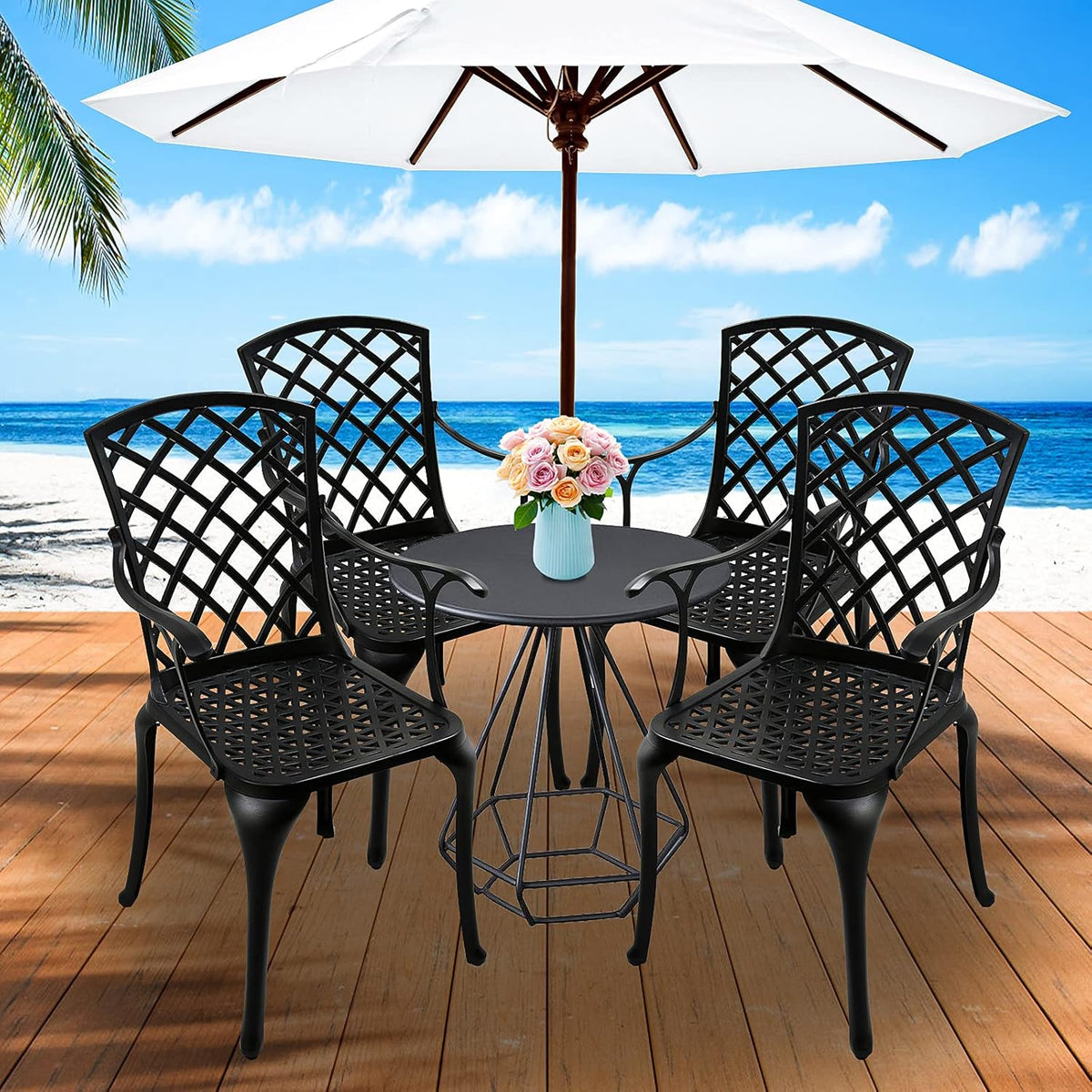 Black Cast Aluminum Outdoor Dining Arm Chairs, Set of 4 Y3555