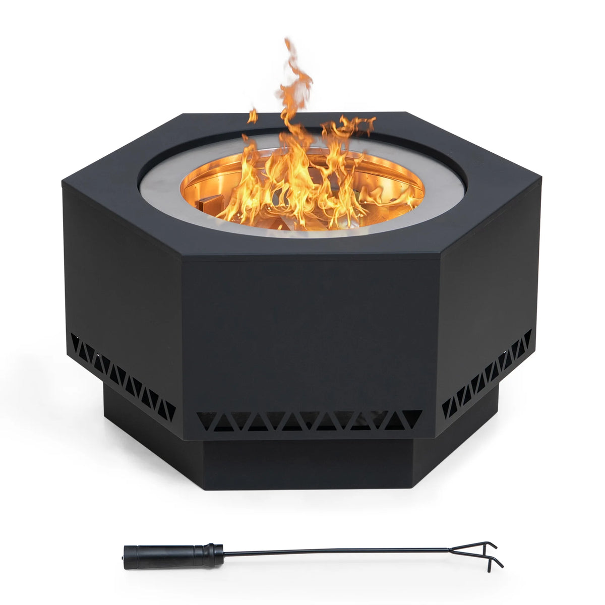 Black Hexagonal Smokeless Fire Pit with PVC Cover and Fire Poker I920684