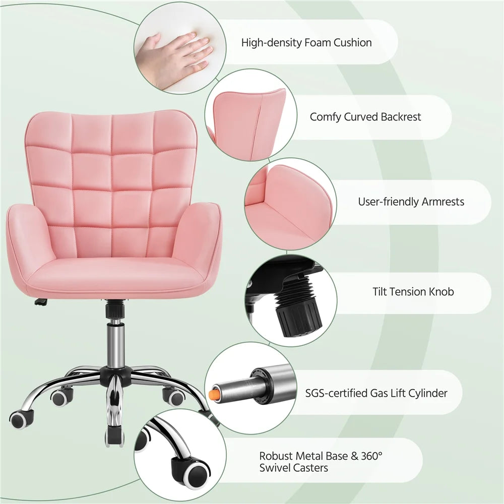 Pink Faux Leather Office Chair with Padded Armrests R6774