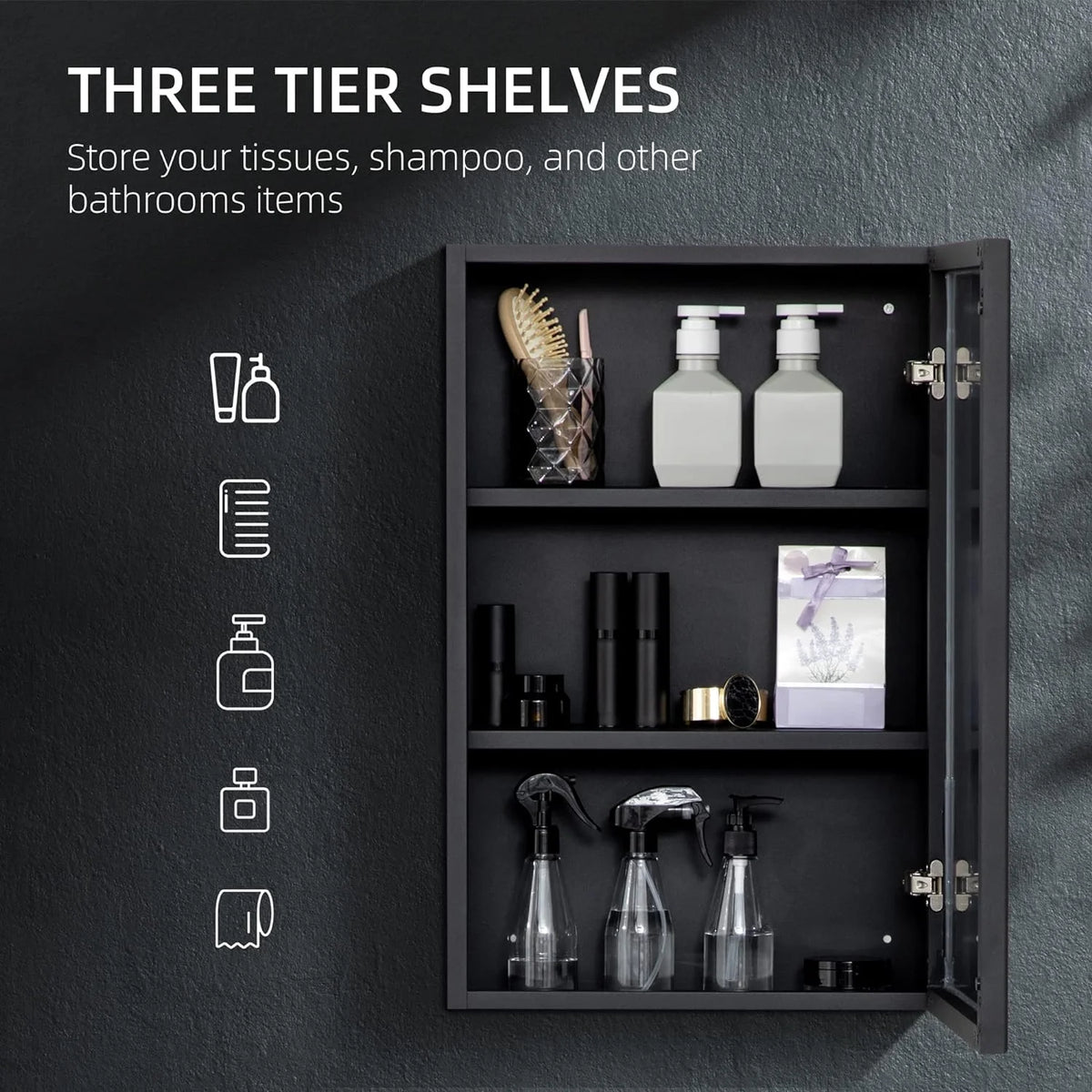 Black Stainless Steel Wall-Mounted Medicine Cabinet with Mirror O78137