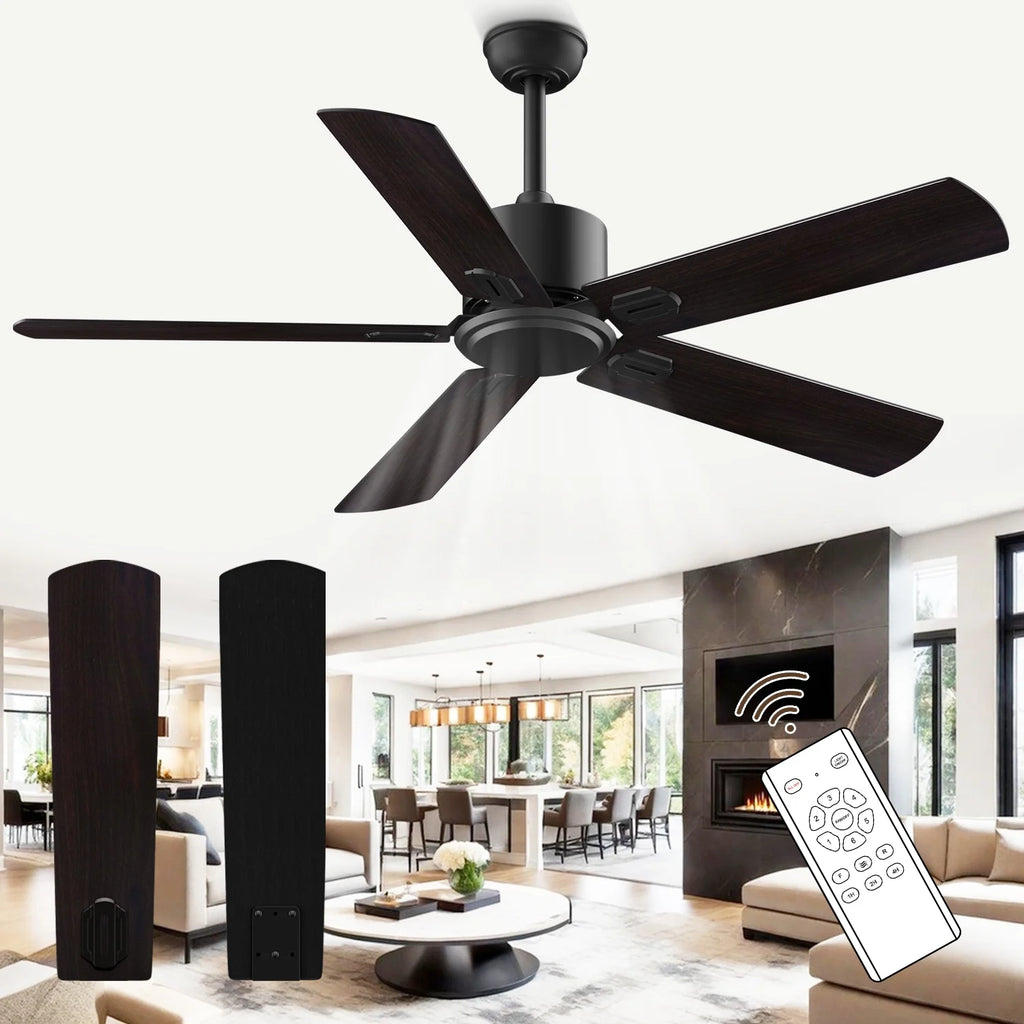 52" Ceiling Fan with Remote Control No Light, 6 Speeds Reversible DC Motor 5 Blades Black/Walnut C2687