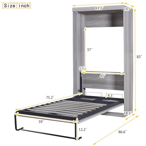 Full Size Murphy Bed with Storage Shelves and Drawers, Gray U639787