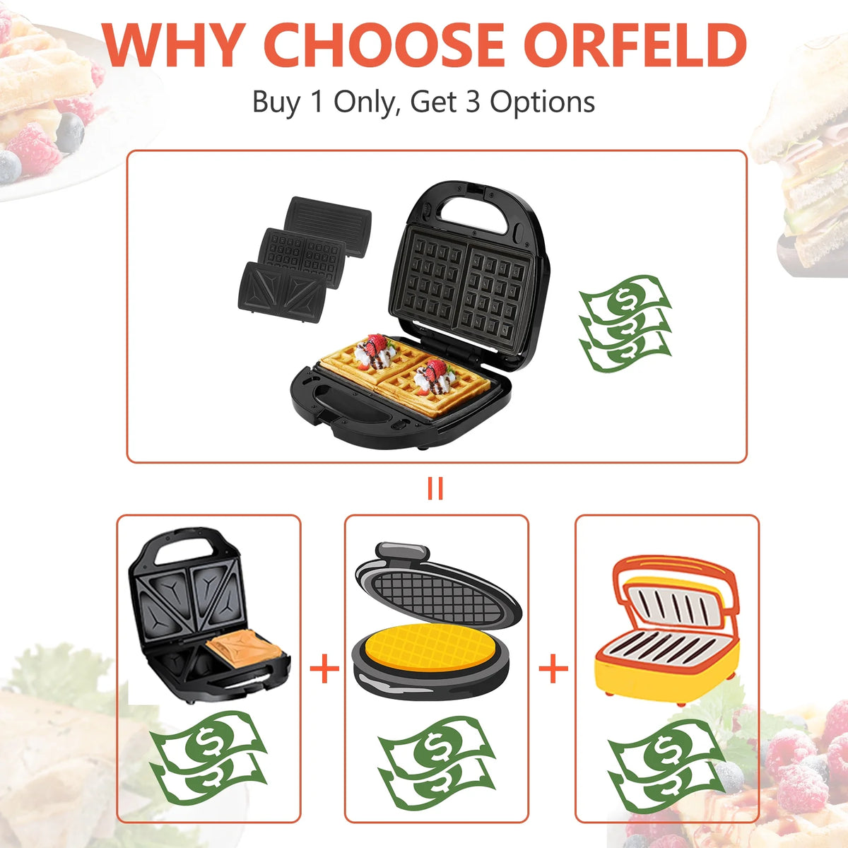 750 Watt 3 in 1 Non-Stick Sandwich Maker O2672