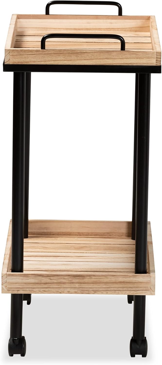 Oak Brown Finished Wood and Black Metal Kitchen Cart W588