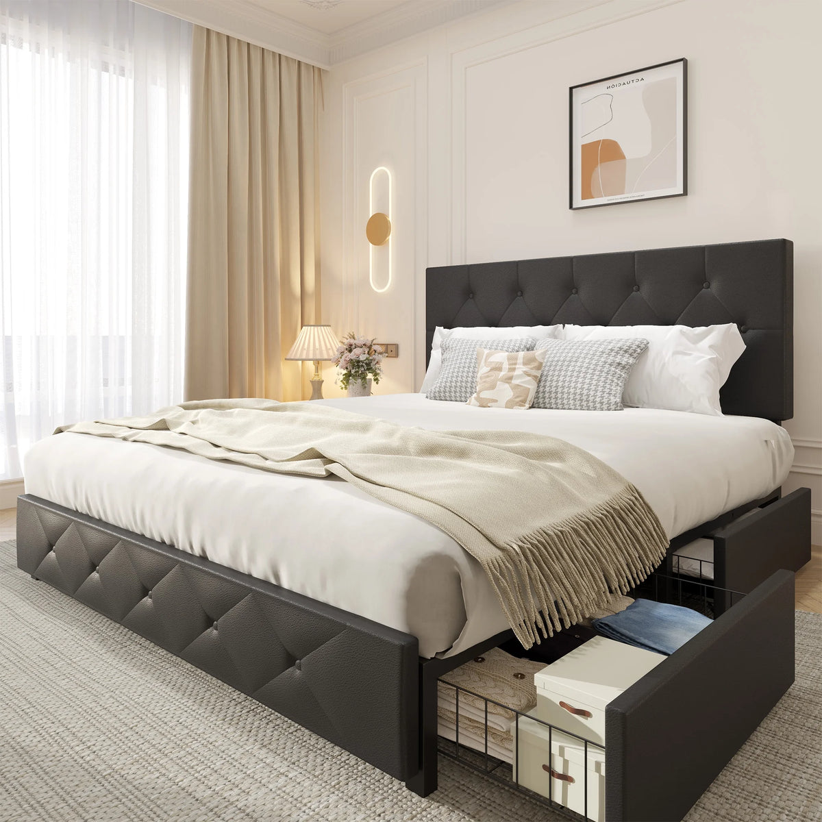Queen Size Upholstered Storage Bed Frame with 4 Drawers Z655275