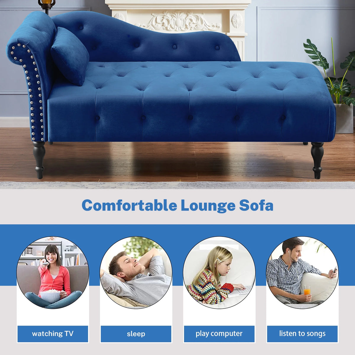 Blue Upholstered Chaise with Accent Pillow S3259