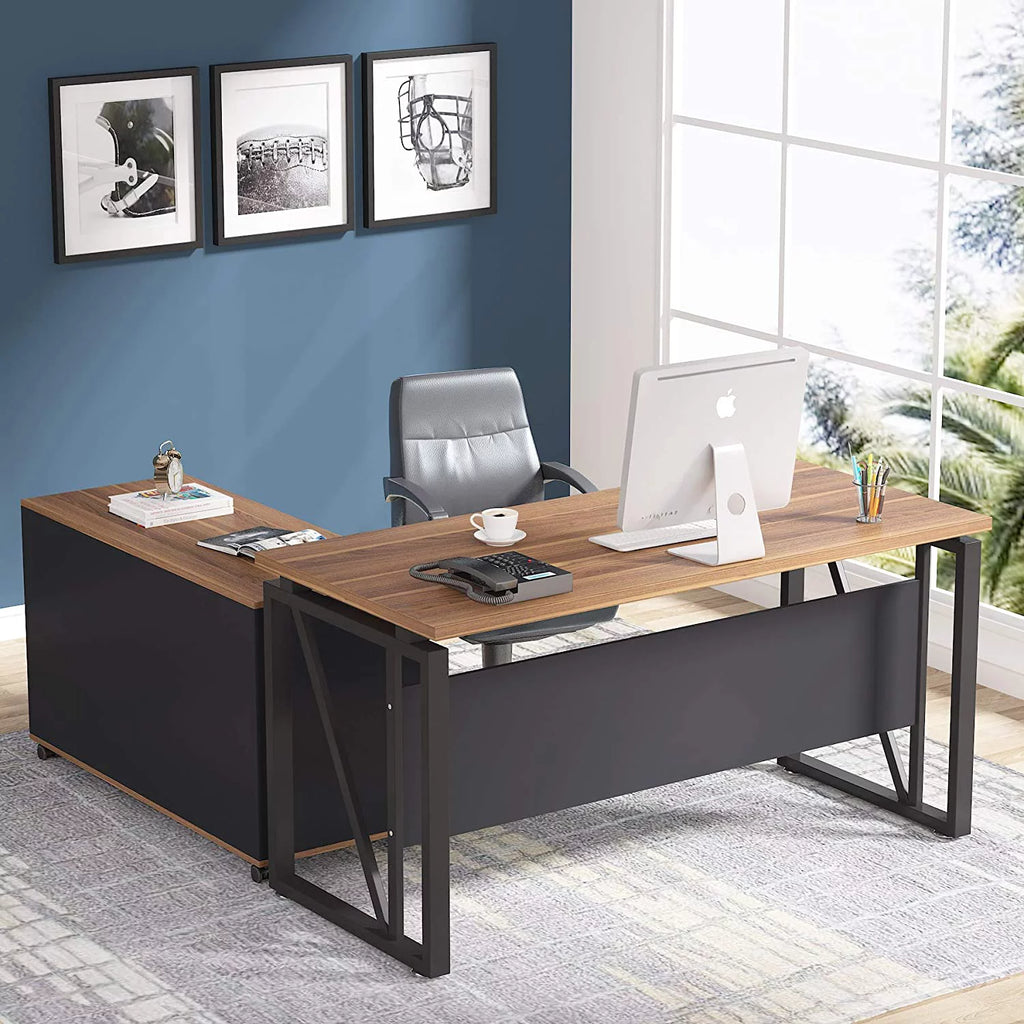 L-Shaped Computer Desk with File Cabinet and Storage Shelves V725