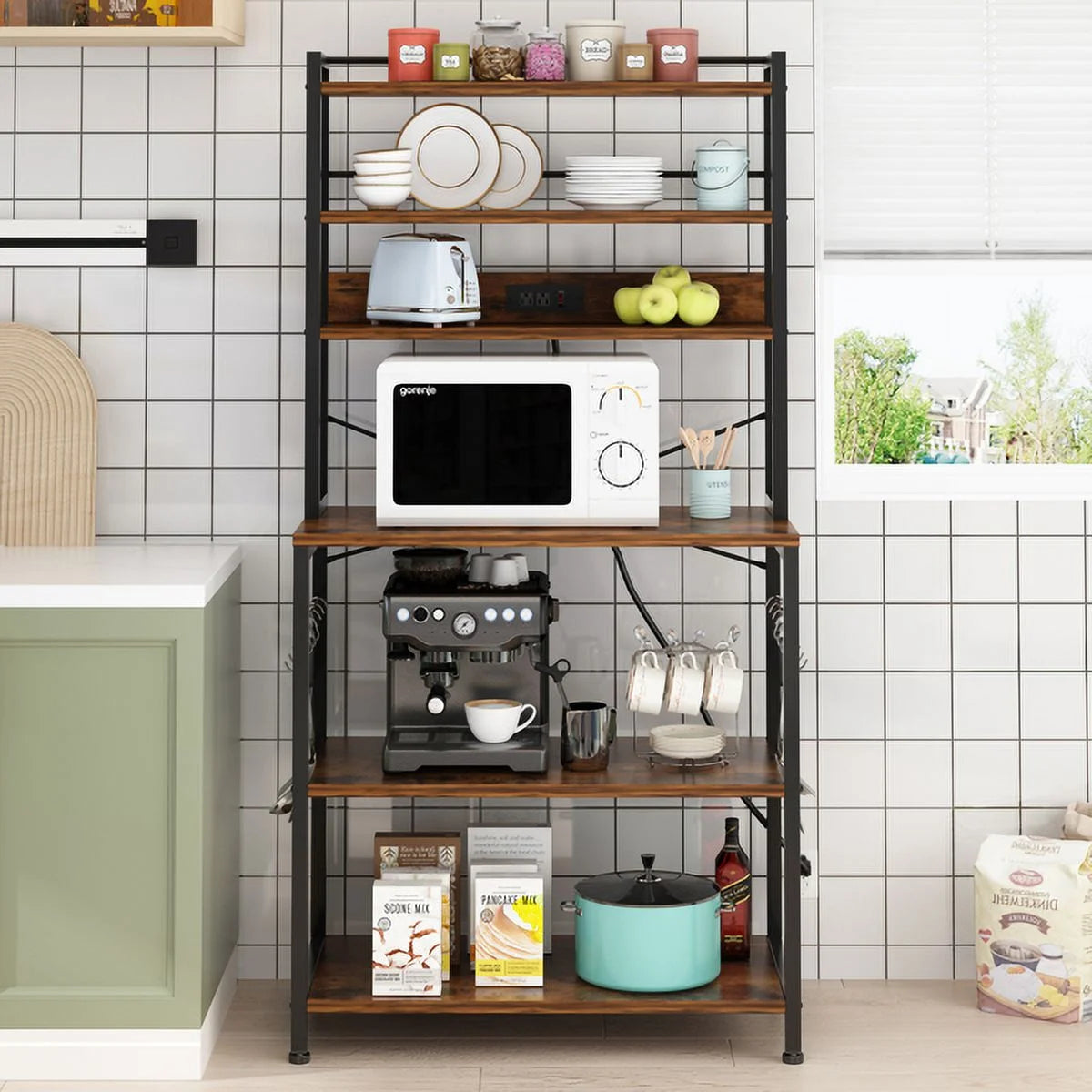 Rustic Brown 6-Tier Bakers Rack with Power Outlets V603194