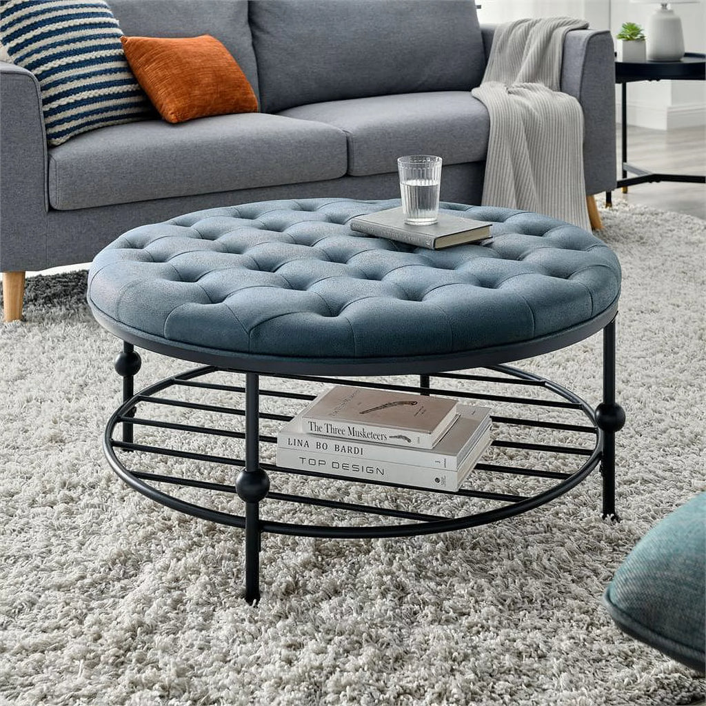 Blue Faux Leather Tufted Cocktail Ottoman N979070