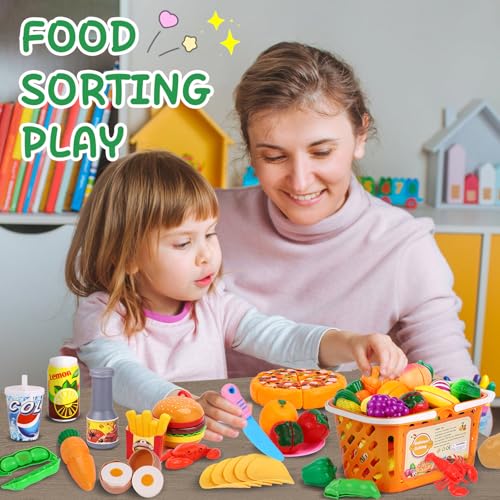Play Food with Cutting Fruits & Vegetables, Plastic Mini Dishes Shopping Basket and Knife X423485