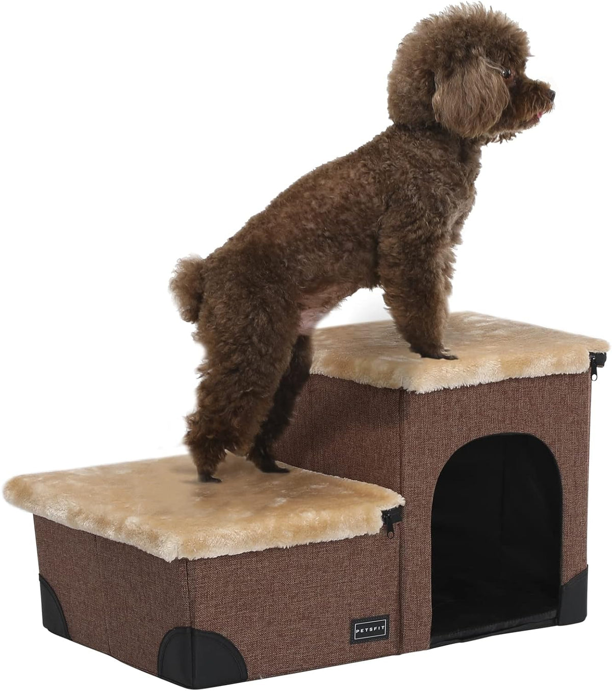 Brown Linen Foldable Pet Steps Q49456