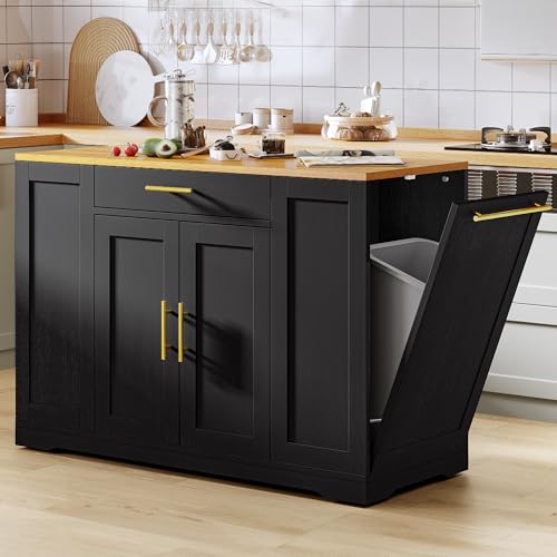 White Oak Rolling Kitchen Island with Trash Can Storage G26977