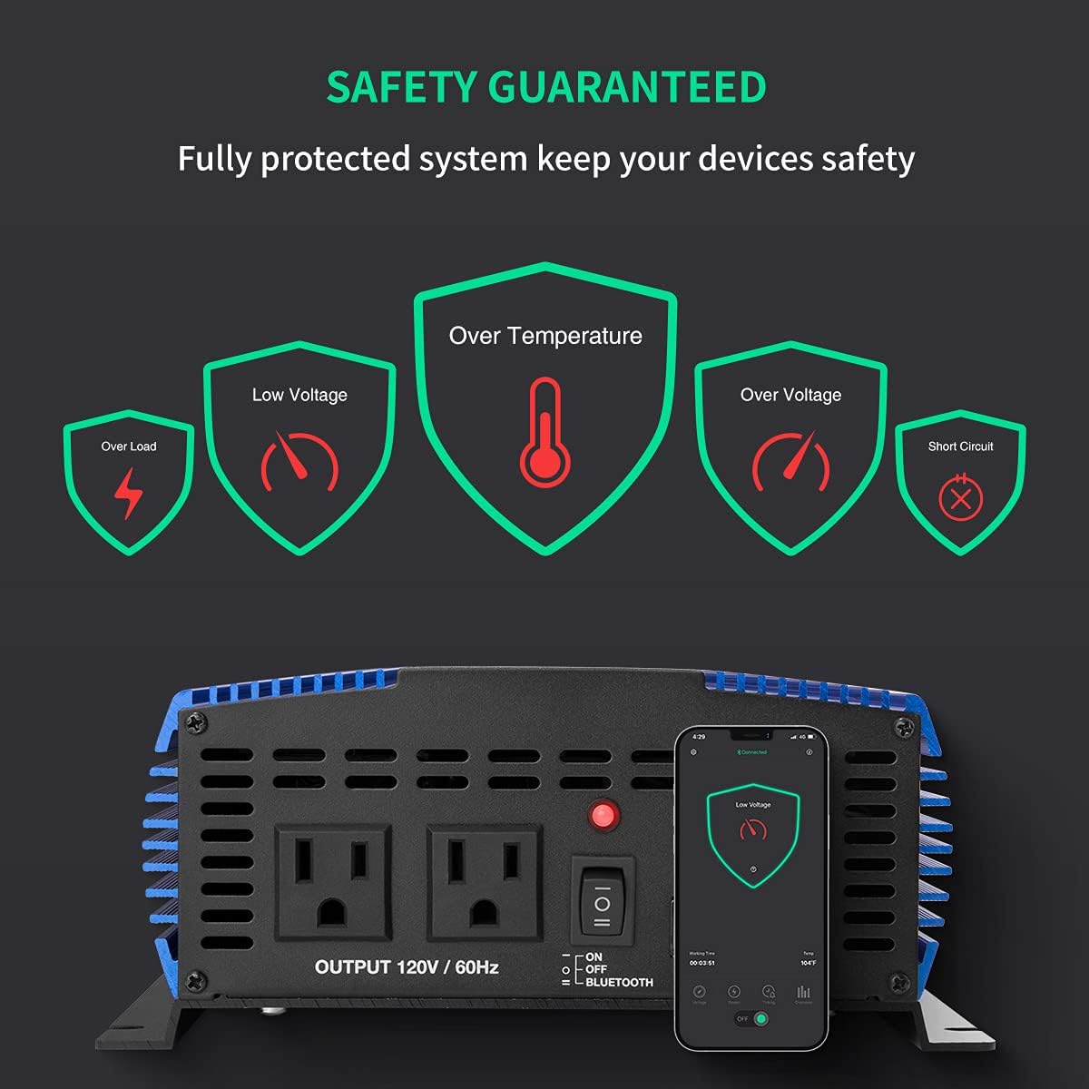 1500W Pure Sine Wave Power Inverter 12V DC to 110V AC Car Inverter with Bluetooth 2AC Outlets USB Port T9121