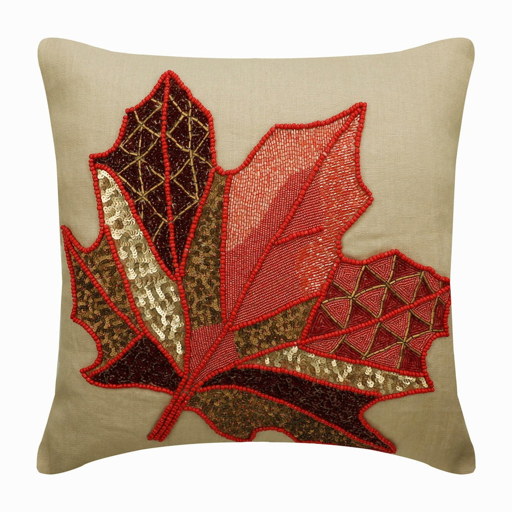 Red & Beige 16"x16" Linen Beaded Maple Leaf Throw Pillow Covers R933