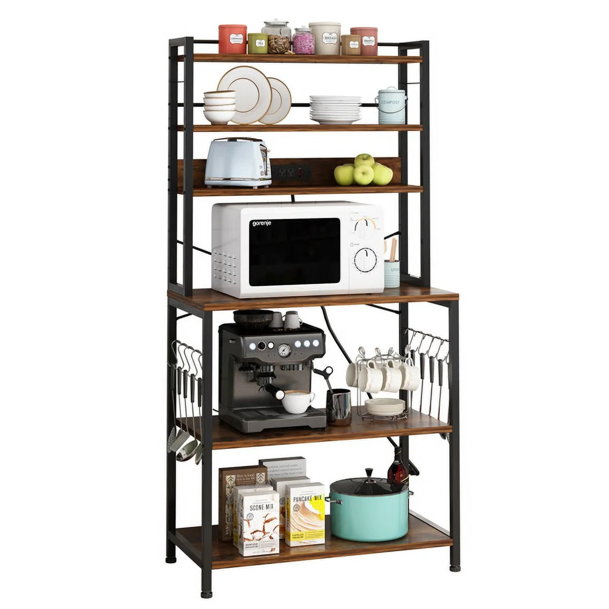 Rustic Brown 6-Tier Bakers Rack with Power Outlets V603194