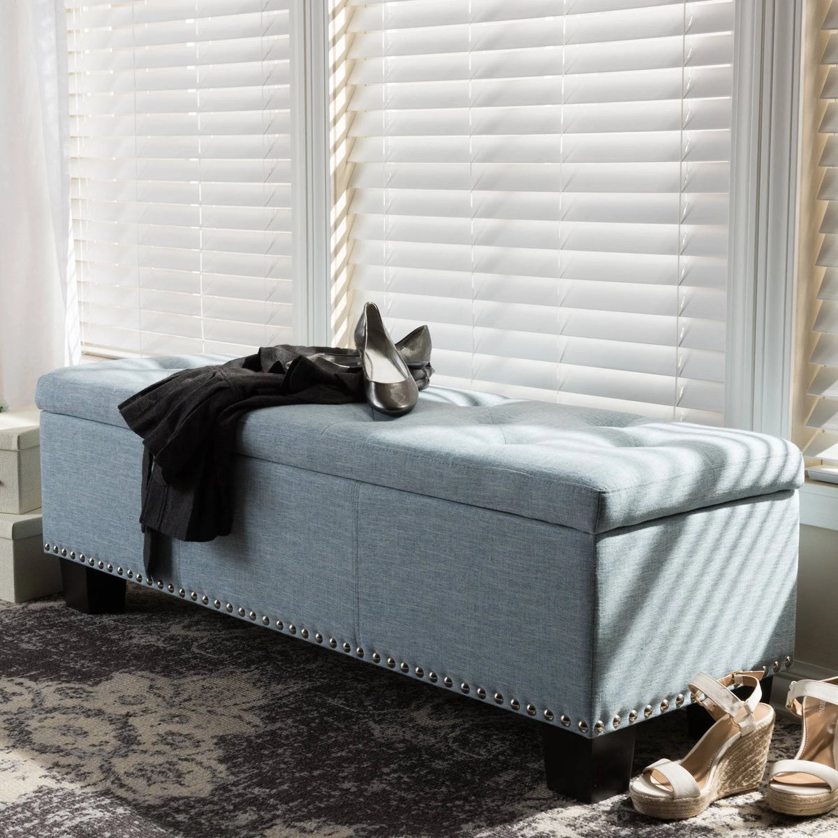 Light Blue Button-Tufted Storage Ottoman Bench L64033