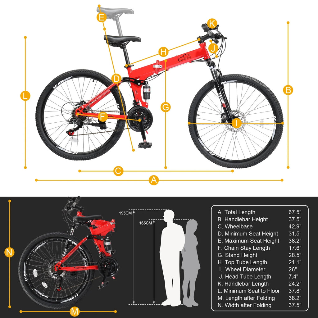 Folding Mountain Bike 21-Speed 26 inch Wheels Red V440495