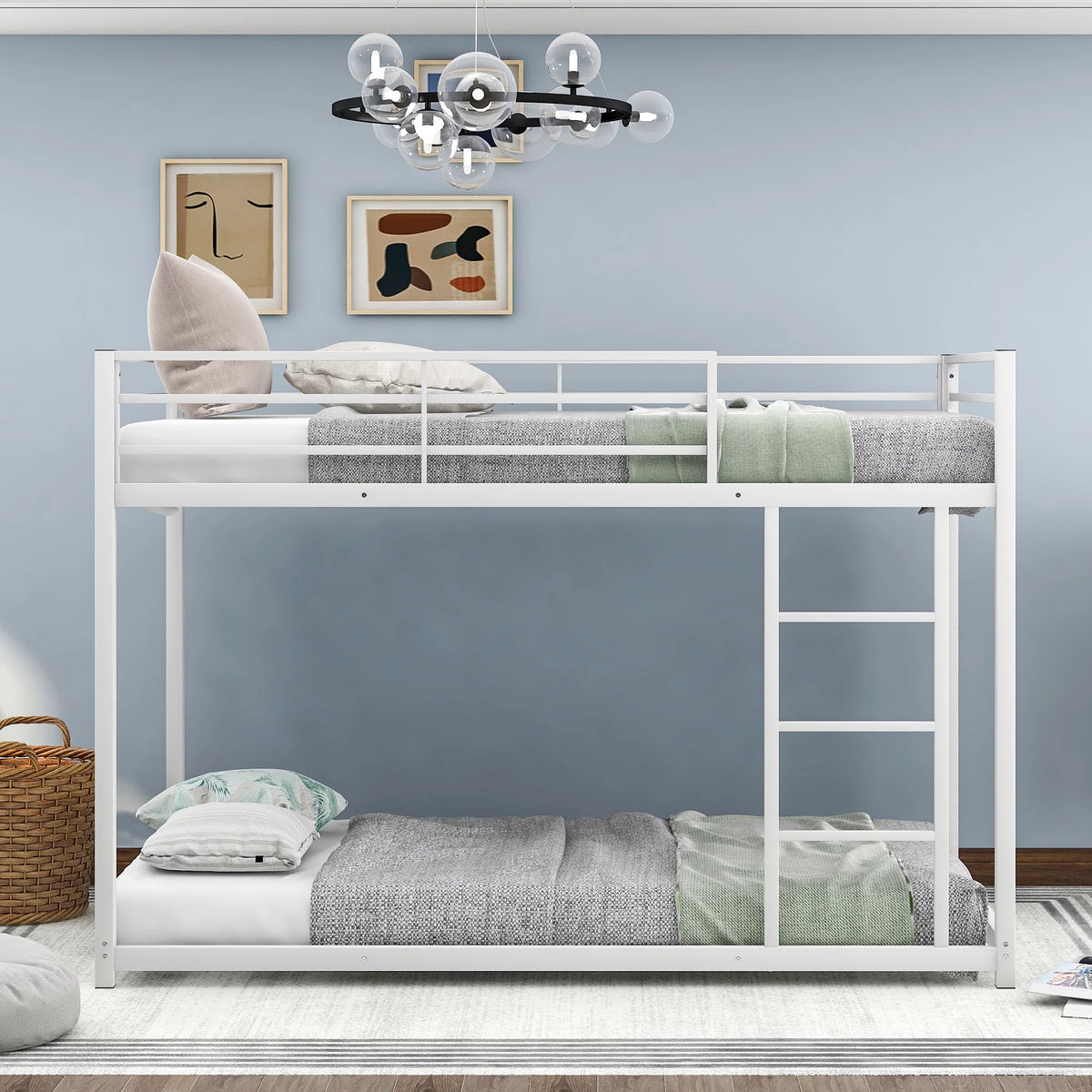 White Metal Twin over Twin Bunk Bed with Storage Shelf L525758