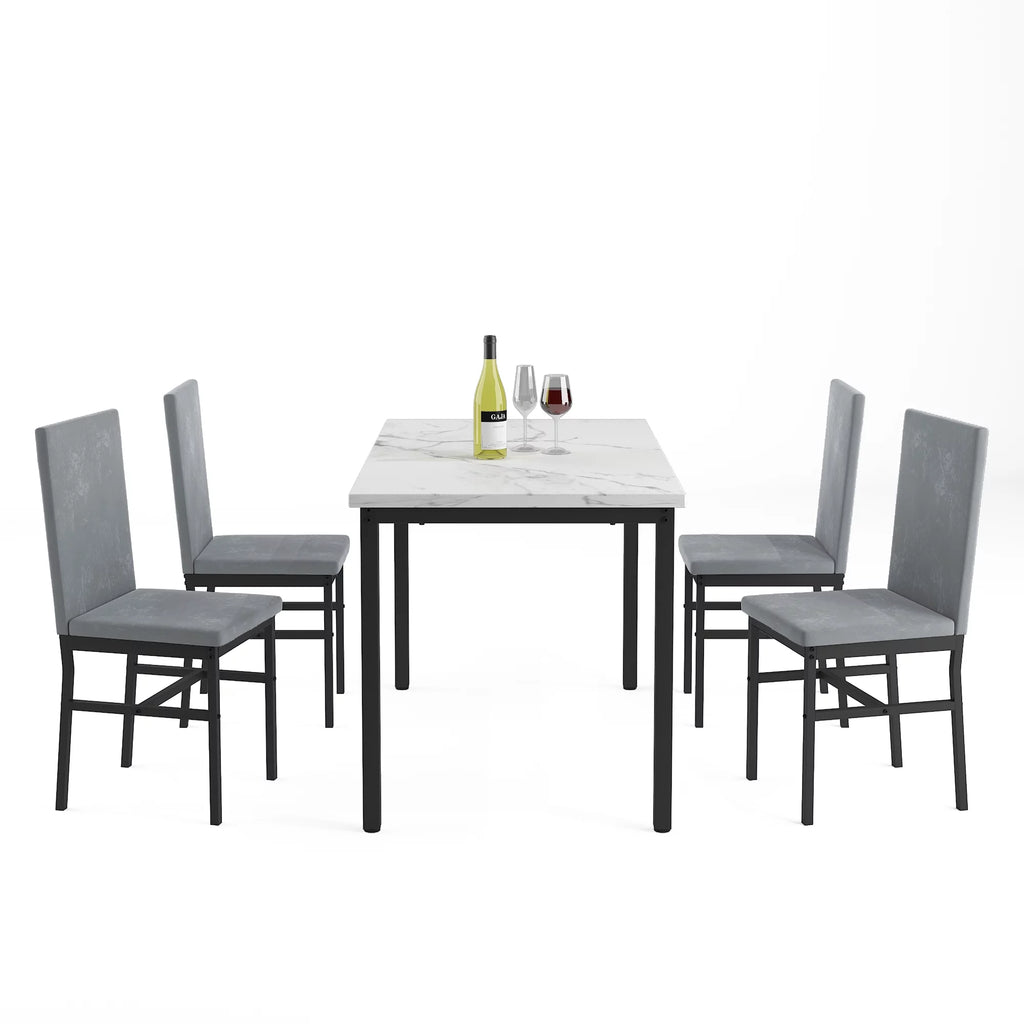 5-Piece White Marble Top Dining Table and 4 Gray Velvet Chairs A2125