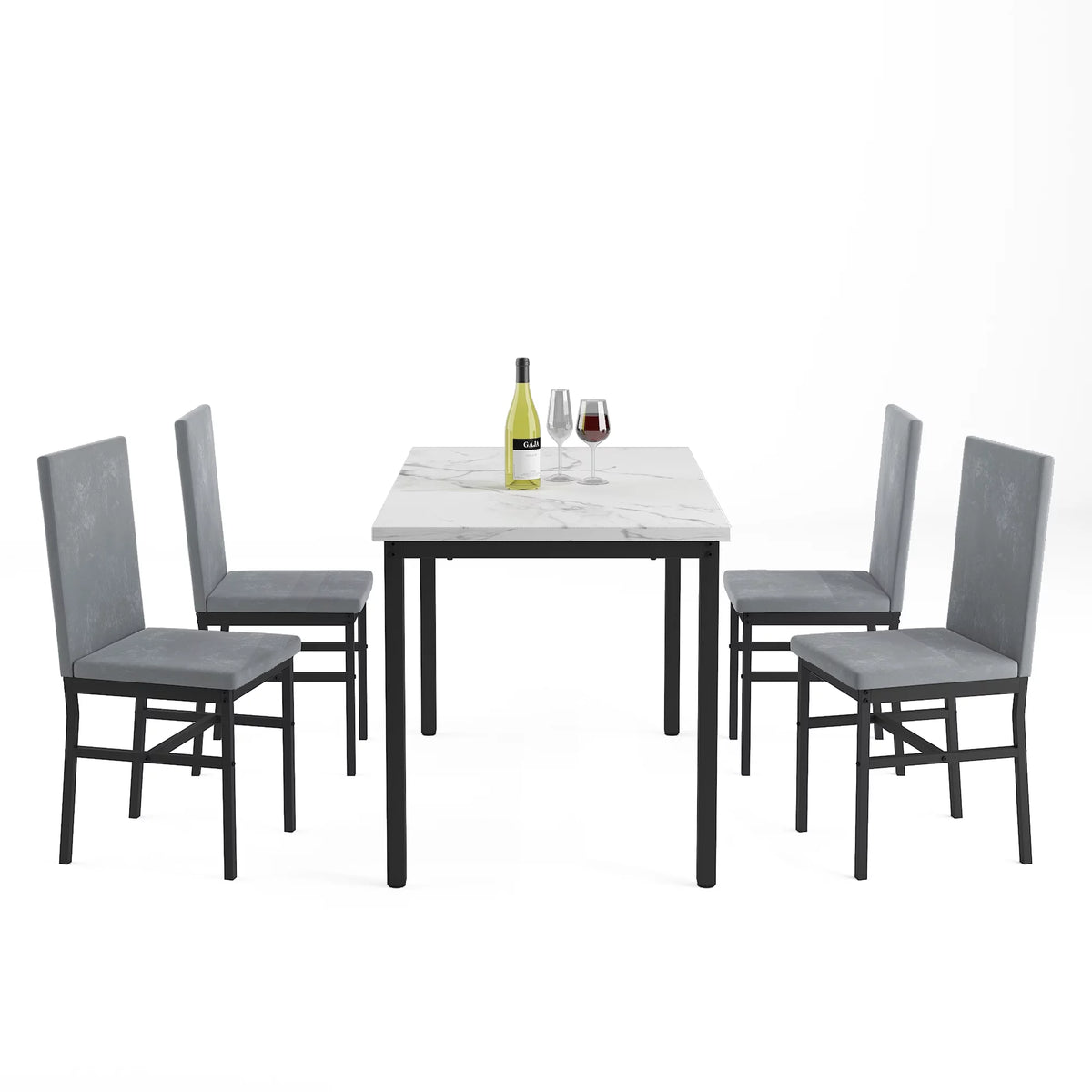 5-Piece White Marble Top Dining Table and 4 Gray Velvet Chairs A2125